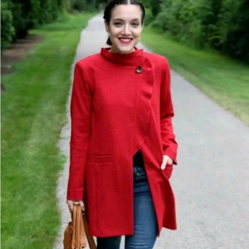 Cabi red blazer / jacket with ruffle & houndstooth pattern, XS